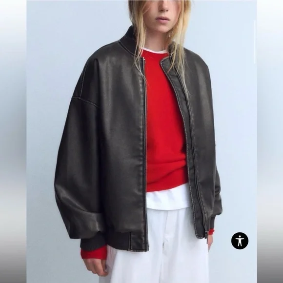 Zara Oversized Faux Leather Bomber Jacket - Picture 2 of 10